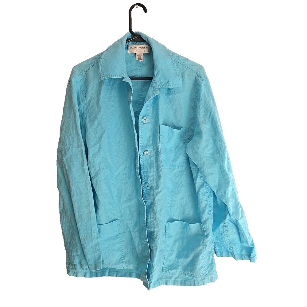 Evan Picone Blue Linen Pockets Long Sleeve Button Down Shirt Womans Size Large